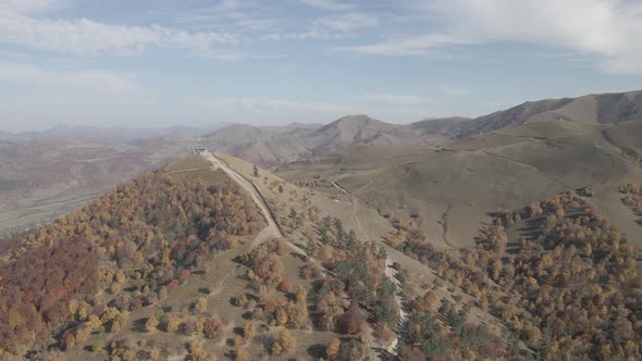 Flying over beautiful mountains in Bakuriani. Aerial view of Autumnal forest. Georgia