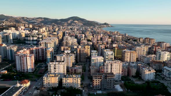 Colorful Panorama sunset over the city Aerial View 4 K Alanya Turkey