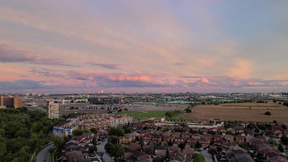 Beautiful purple, sunset sky. and city view at dusk.