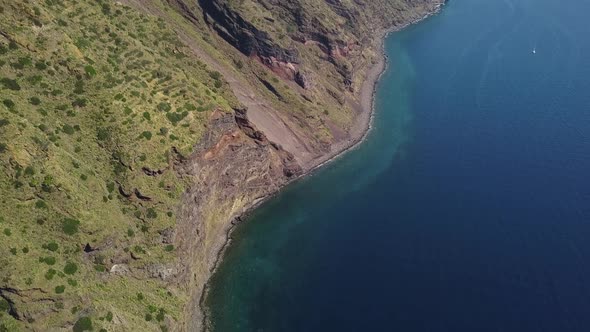 Aerial View on Anchored Vessels and Mountain of Lipari Island. Mediterranean Sea. Blue Sky, Horizon