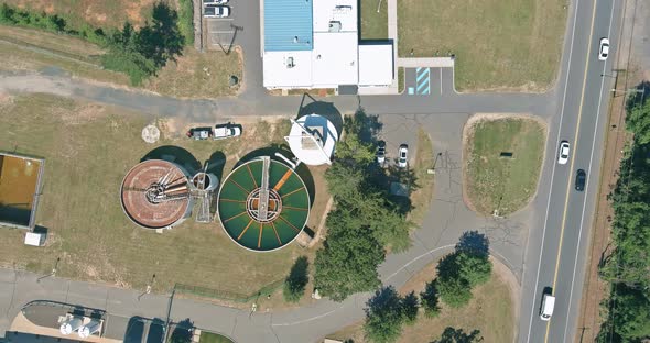 Sewage Aerial View of a Wastewater Treatment Processing Plant Sewage Near Solar Power Station Float