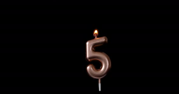 Realistic full-sized single birthday candlelight 5 five number isolated on black background. 