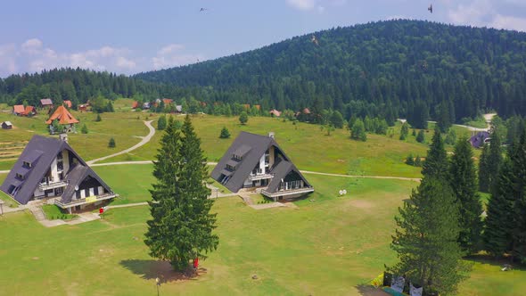 Aerial View on Mountain Landscape with Houses Ethno Village Mitrovac Near Mokra Gora in Zlatibor