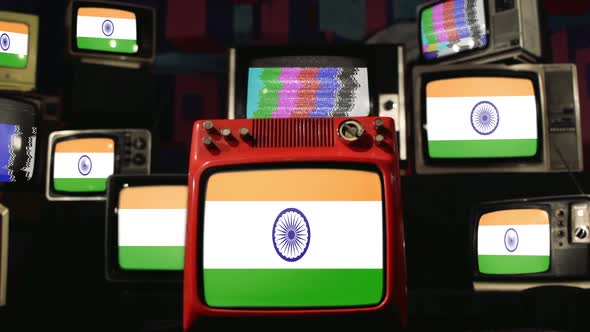 Indian flags and Vintage Televisions.