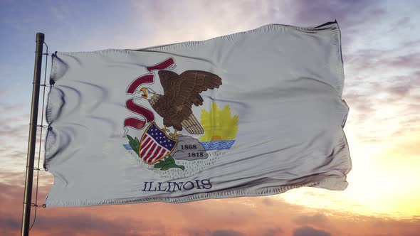Flag of Illinois Waving in the Wind Against Deep Beautiful Sky at Sunset