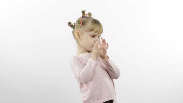 Positive Girl in Pink Blouse Dancing, Happy Four Little Child, White Background