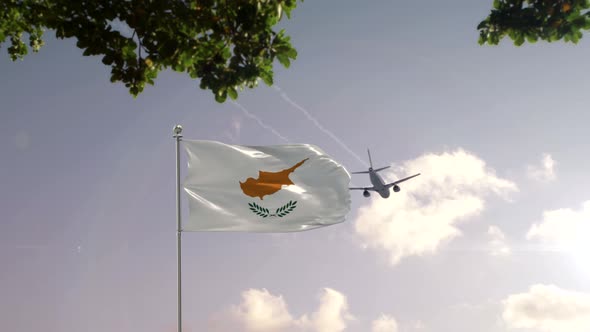 Cyprus Flag With Airplane And City -3D rendering