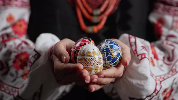 Ukrainian Woman Holding in Hands Easter Eggs