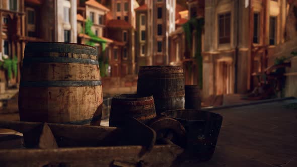 Old Wooden Wine Barrels in a Sea Town Port