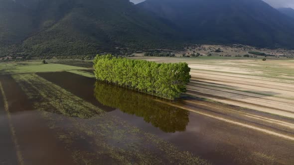 Aerial view of Lake Stymphalia, located in the north-eastern part of the Peloponnese, in Corinthia,