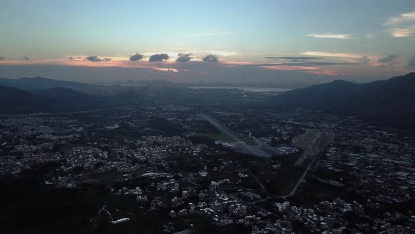 Dark Panoramic Aerial View Of Hong Kong Rural Villages At Sunset. Hong Kong China Border. Kam Tin. S