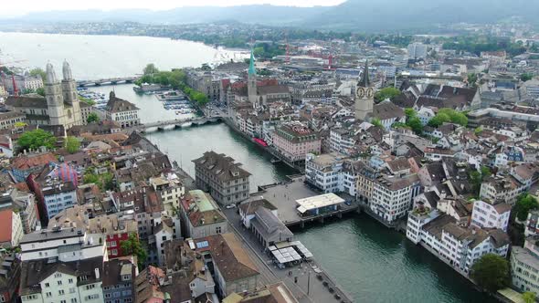 Drone view of Zurich old town, Switzerland, Europe