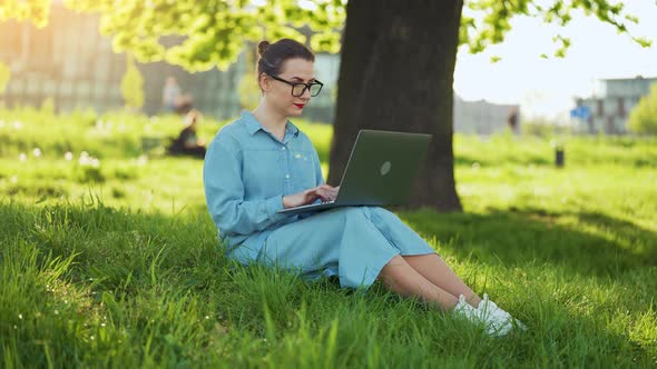 Busy Attractive Woman Working at the Laptop As Sitting on Grass in City Park at Sunset