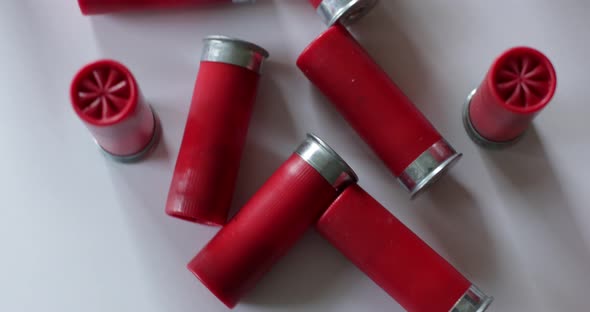 Shotgun shells scattered on white surface