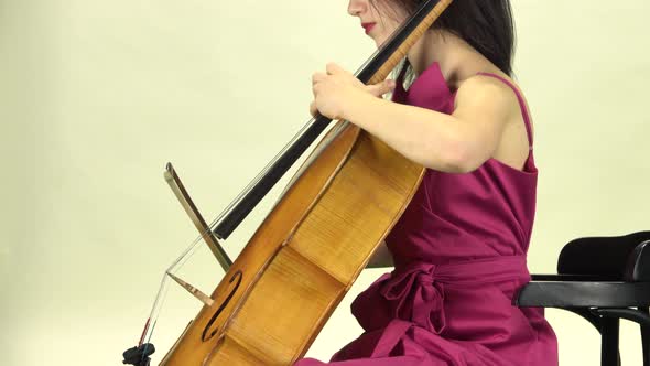 Woman Sits and Plays the Cello . Side View. White Background