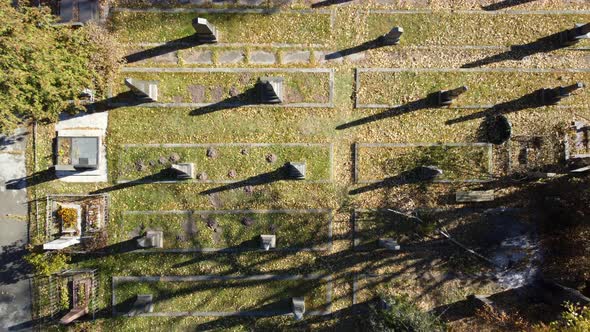Arial Drone View Flight Over Old Cemetery with Tombstones Gravestones Arrows