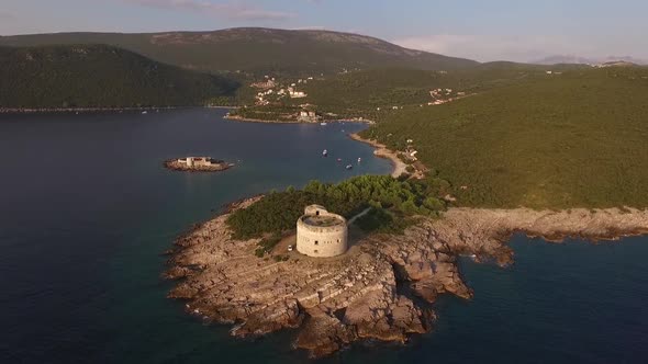 Drone View of the Arza Fortress in the Bay of Kotor
