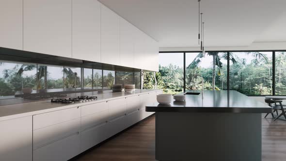 Modern Kitchen Interior With Large Windows