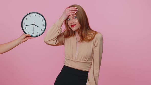 Confused Woman with Anxiety Checking Time on Clock Running Late to Work Being in Delay Deadline