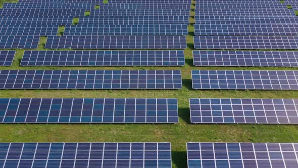 Flight Over a Field of Solar Panels in Sunny Summer Day