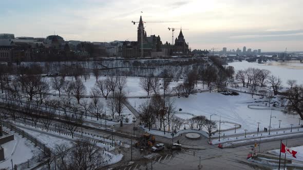 Blockade of Protestants intersection by coronavirus government decree in winter in Canada, Ottawa -