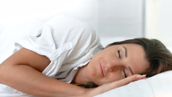 Portrait Fresh Smiling Woman Waking Up at Morning in Cozy White Bed at Home