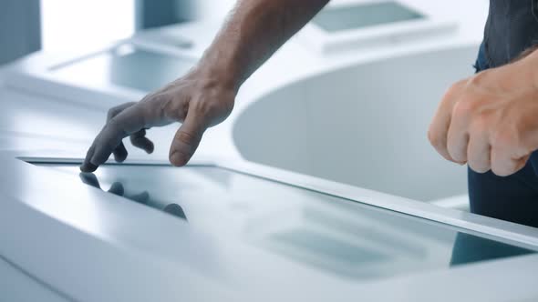 Closeup of Hands Touching Modern Screen in the Hitech Office or Software Lab