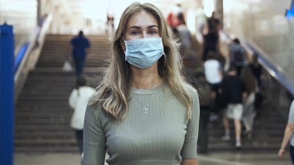 Woman Masks Walking Station Metro Corona Virus. Crowd People in Subway Covid-19.