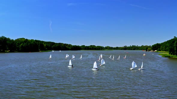 Aerial view of regatta of small boats on the lake in summer, Poland