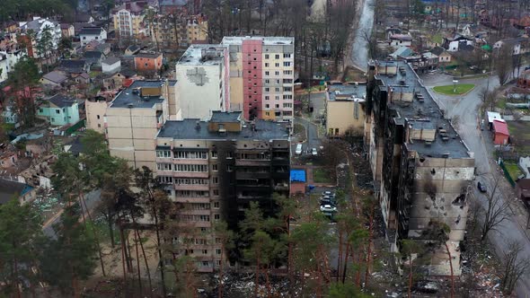 Aerial view of the destroyed and burnt houses. Houses were destroyed by rockets. alt