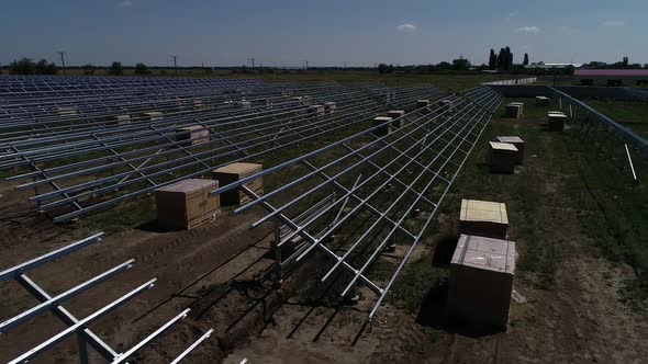 Aerial Footage of the Mounting Racks for Solar Panels in the Field