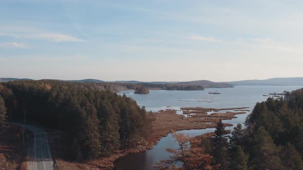 Closeup of lake and green forest in Ural