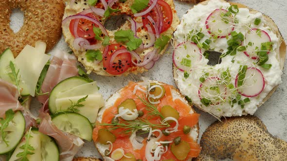 Bagel Sandwiches with Various Toppings Salmon Cottage Cheese Hummus Ham Radish and Fresh Herbs