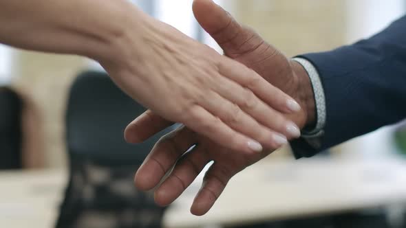 Close-up Handshake of African American Businessman and Caucasian Businesswoman. Unrecognizable