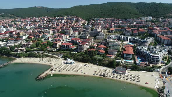 Aerial view of Saint Vlas resort at the Black Sea shore. Famous summer resort Sveti Vlas, Burgas Reg