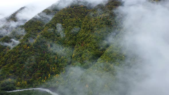 Misty Autumn Mountain Aerial View