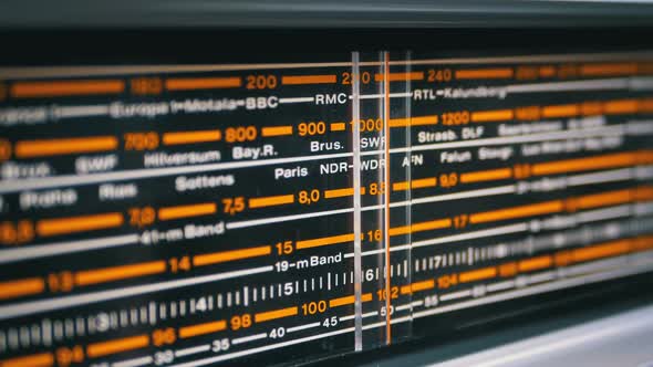 Tuning Analog Scale of the Retro Radio with the Names of Cities, Radio Stations and Frequency