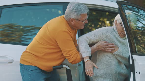 Elderly Couple Traveling. Man Helping Woman To Get Into the Wheelchair From the Car