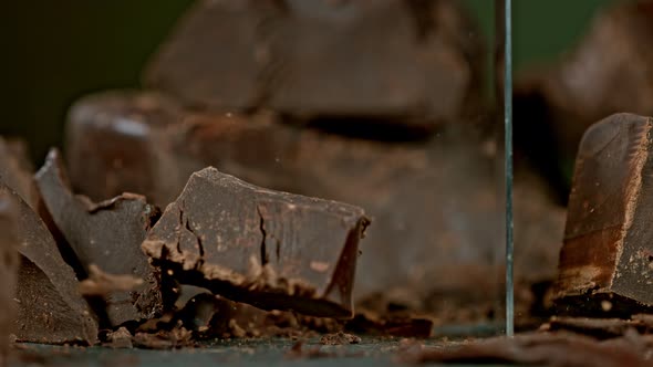 Super Slow Motion Shot of Cutting Raw Chocolate Chunk at 1000 Fps