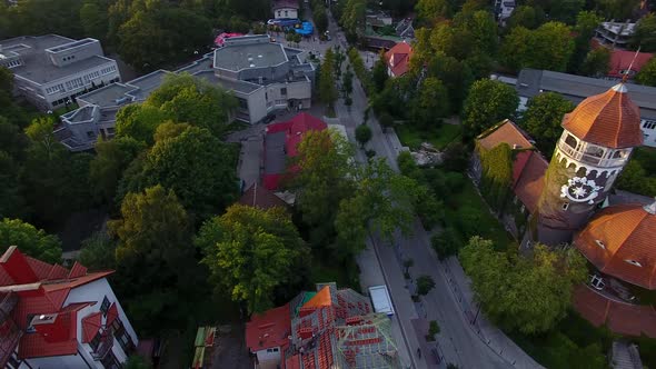 Top view of the Water Tower of Svetlogorsk in sunset