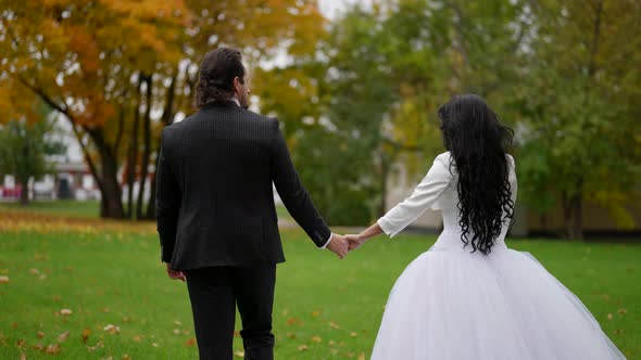 Groom and Bride with Long Dark Hair Hold Hands and Walk