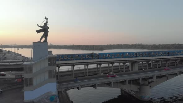 Aerial View of the Metro Bridge. Station Dnipro. Kyiv, Ukraine.