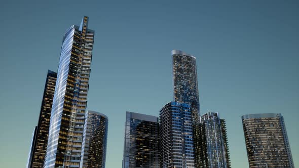 City Skyscrapers at Night with Dark Sky