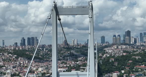 Istanbul Bosphorus Bridge and City Skyline in Background with Turkish Flag at Beautiful Sunset