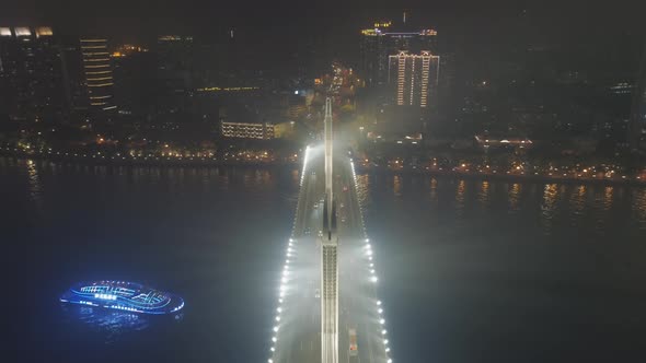 Bridge in Guangzhou City, Car Traffic at Night. Guangdong, China. Aerial View