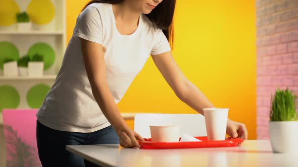 Female Customer Putting Plastic Tray on Table, Dinner in Fast Food Restaurant