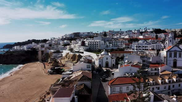 Albufeira cinematic drone aerial view.