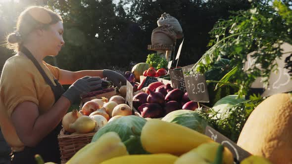 Girl Prepares the Grocery Counter at the Farmers Market