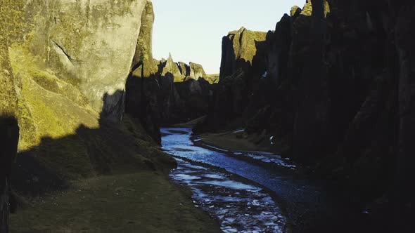 Drone Over Fjaoro River Through Fjaorargljufur Canyon