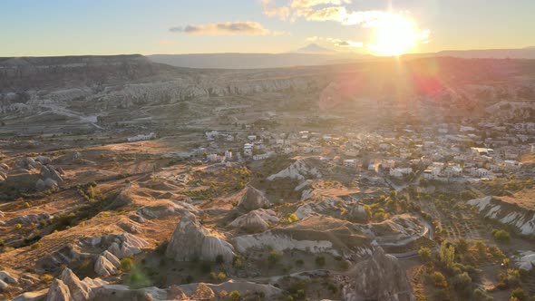 Sun Over Goreme. Cappadocia, Turkey. Aerial View